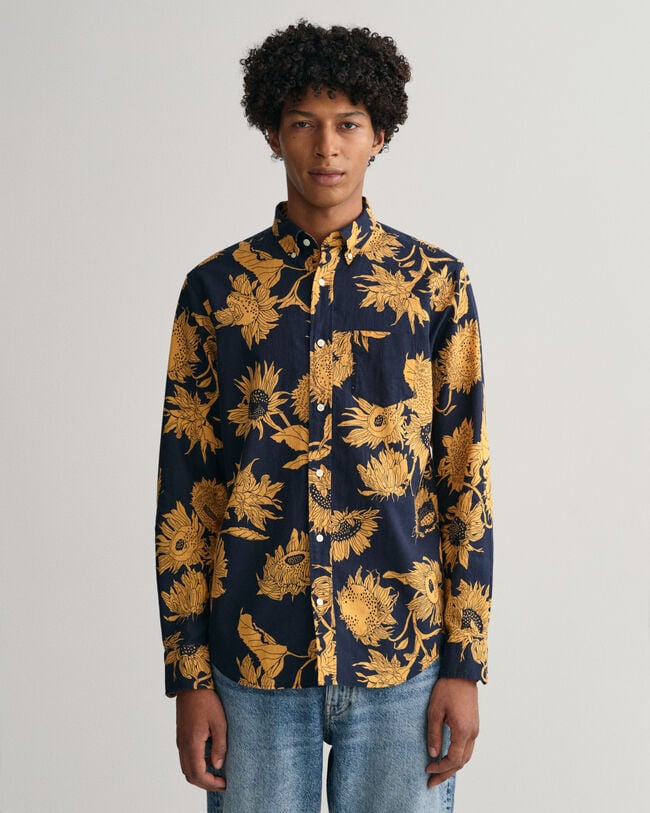 Camisa Regular Fit de algod&oacute;n y lino con estampado de girasoles
