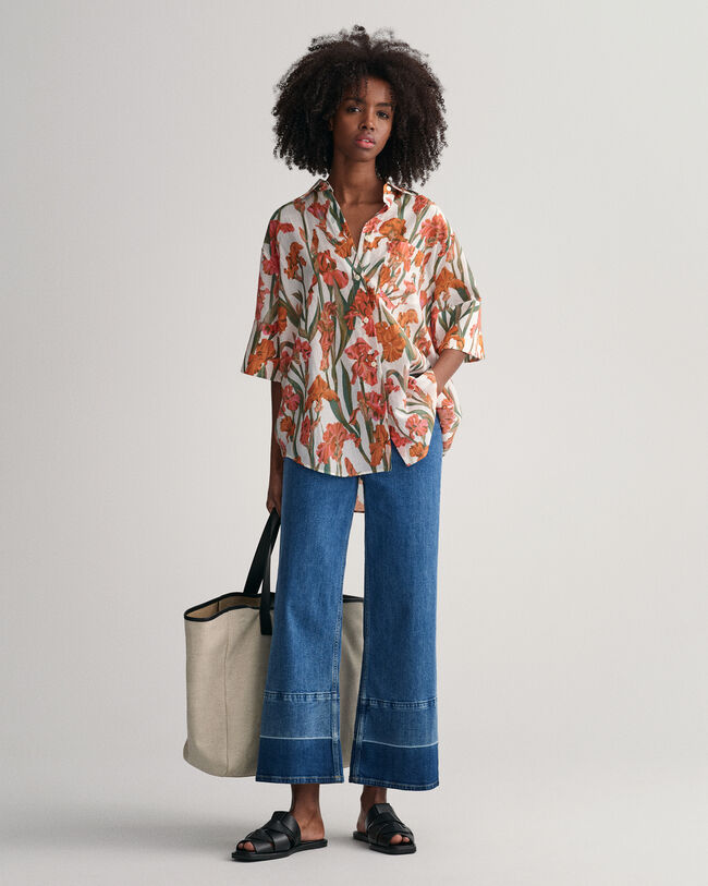 Camisa de manga corta en algod&oacute;n y seda con estampado Iris