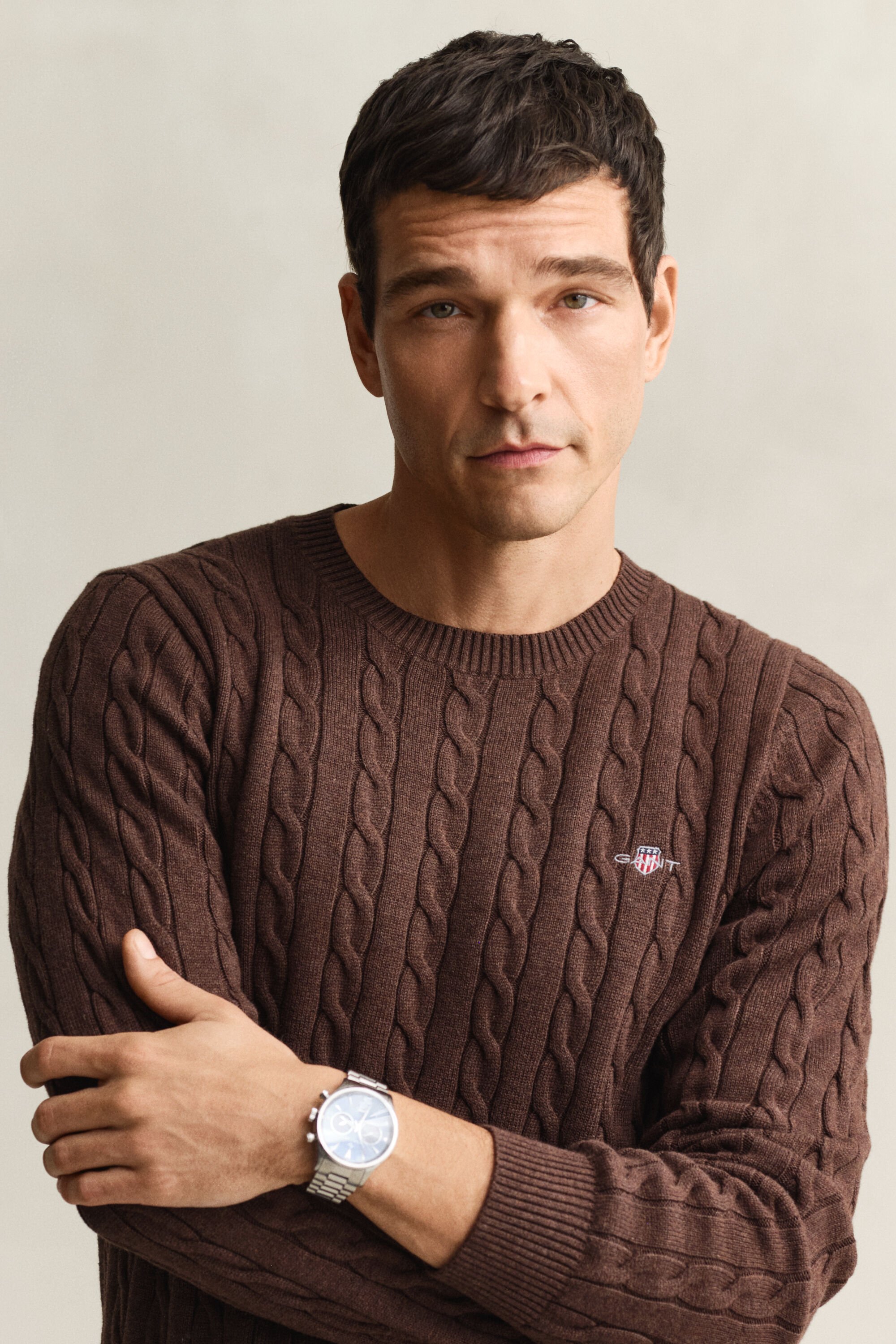 Jersey de cuello redondo y punto de ochos en algodón