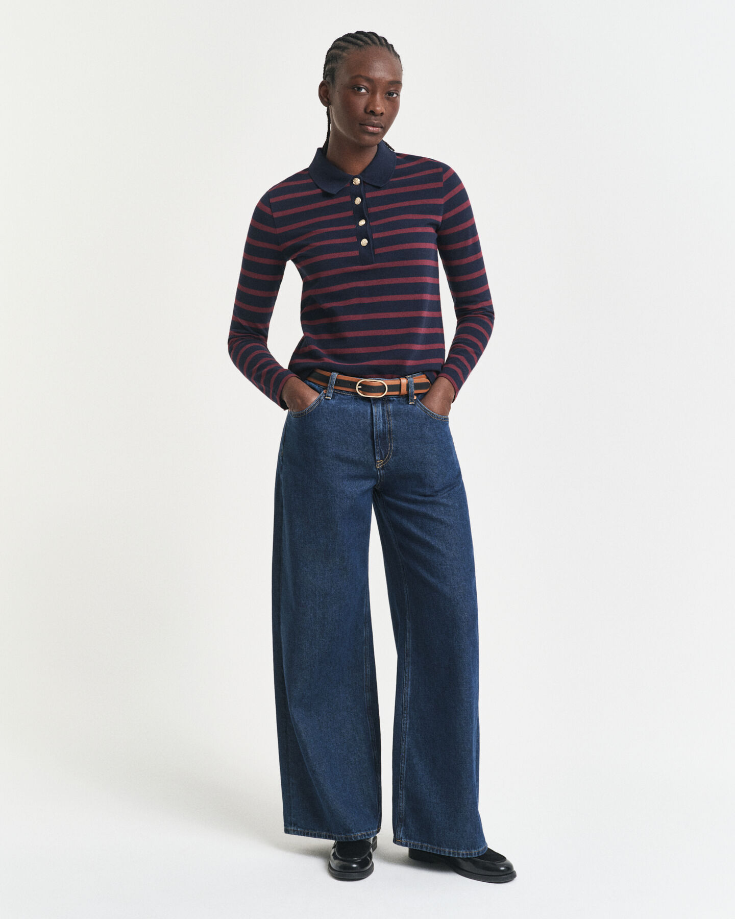 Polo de piqué de manga larga con raya bretona