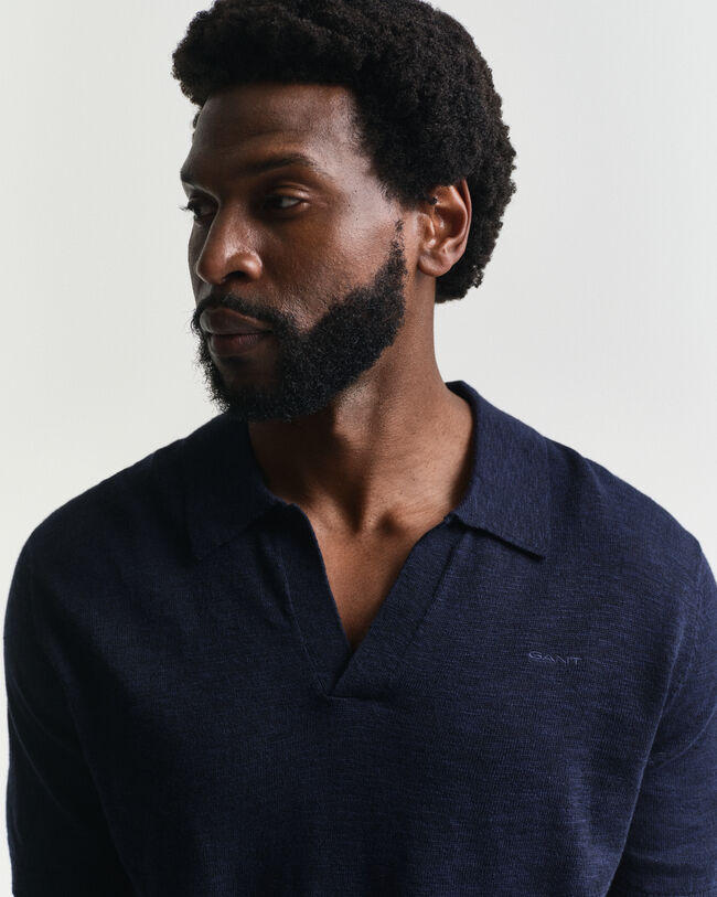 Jersey tipo polo de manga corta en mezcla de lino