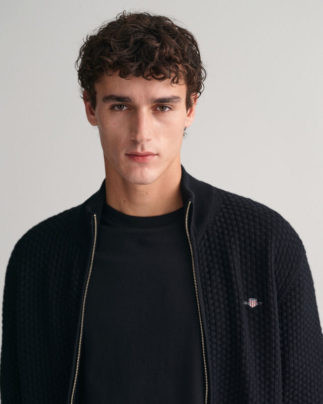 C&aacute;rdigan de algod&oacute;n con cremallera y textura