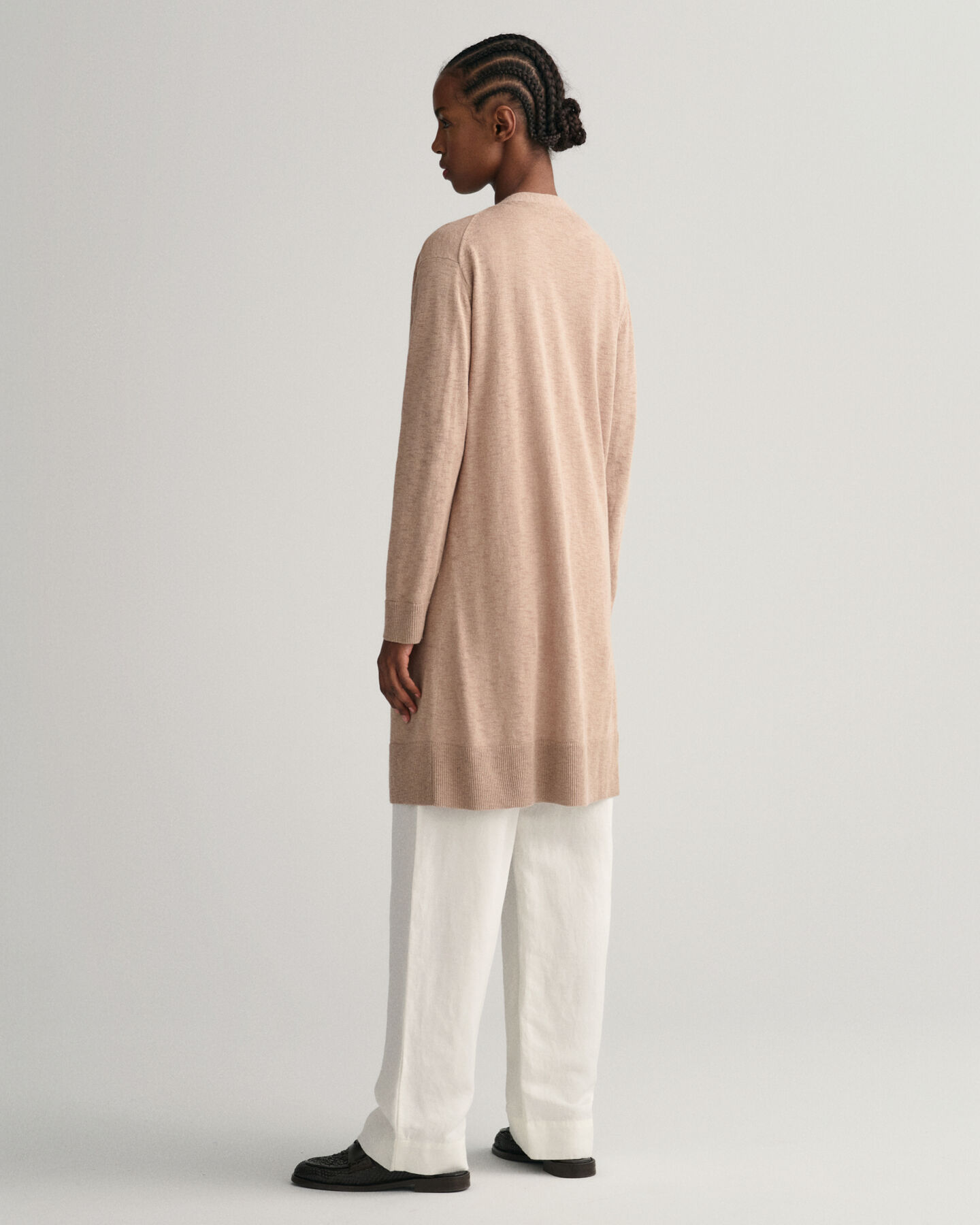 Cárdigan largo en mezcla de lino con cuello de pico