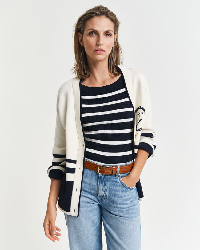 Top de punto acanalado a rayas con hombros descubiertos