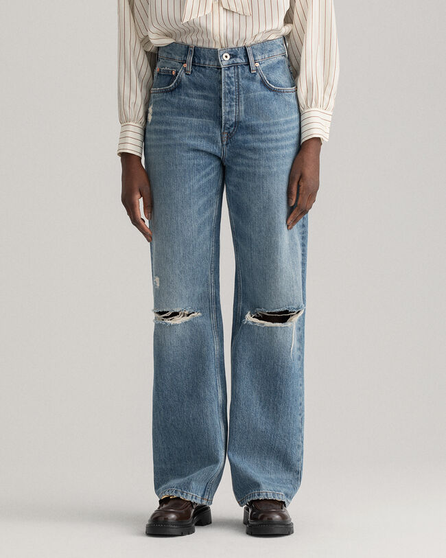 Vaqueros holgados de talle alto y pernera recta con rotos