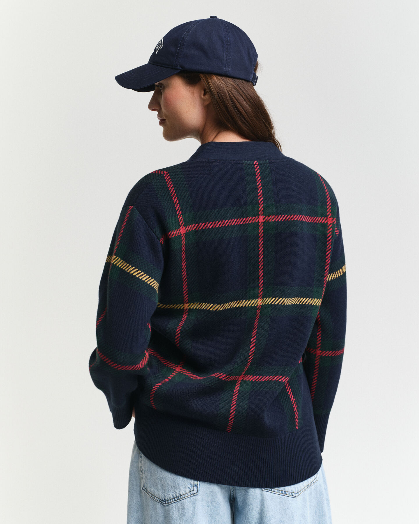 Cárdigan con cuello de pico y cuadros