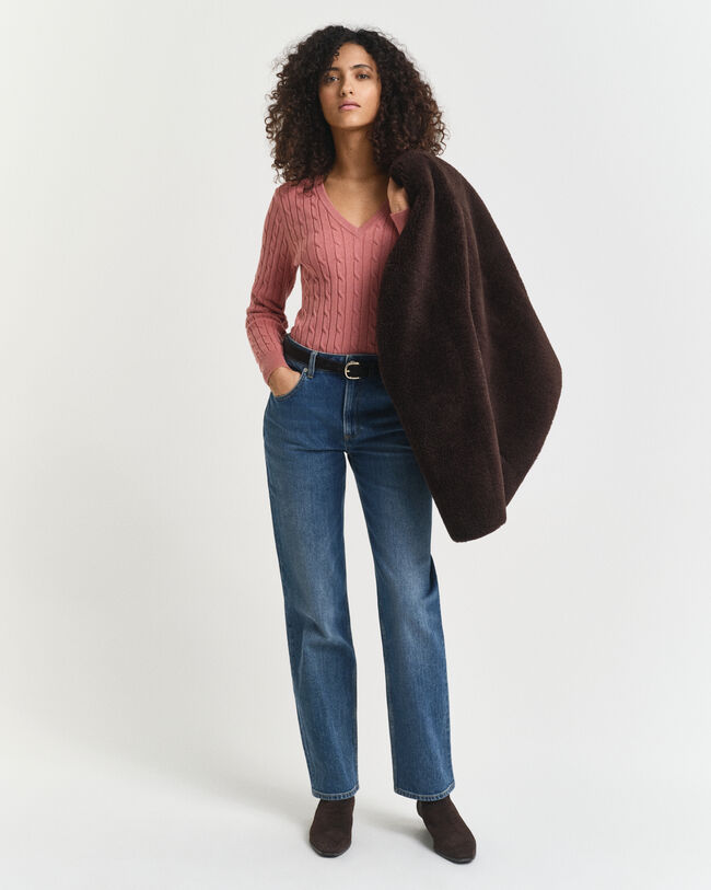 Jersey de punto de ochos con cuello de pico en algodón elástico