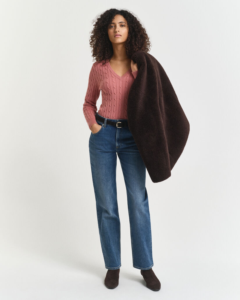 Jersey de punto de ochos con cuello de pico en algodón elástico