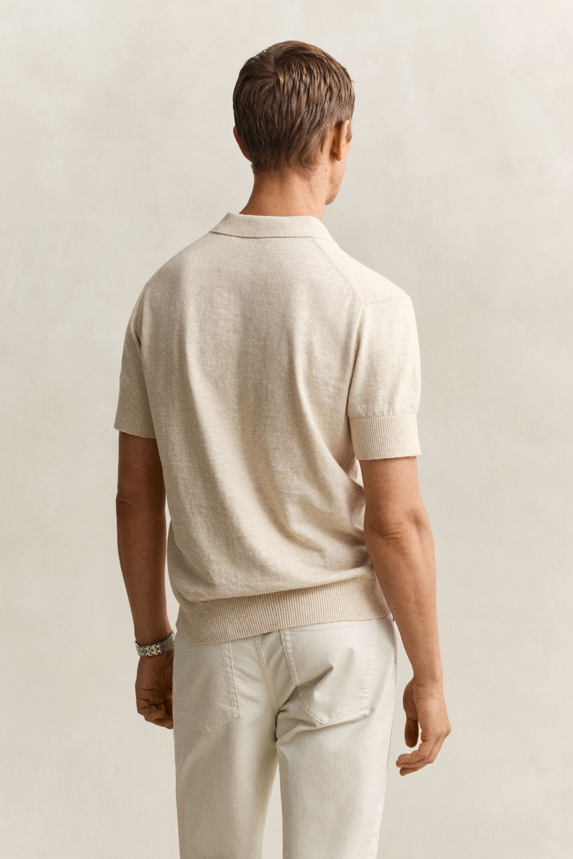 Jersey tipo polo de manga corta en mezcla de algodón flameado