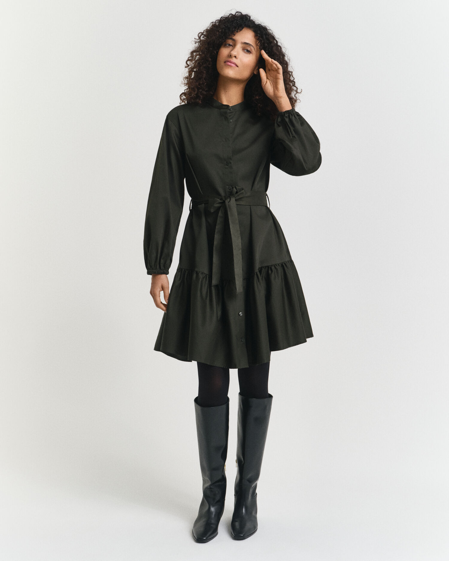 Vestido de manga larga en satén de algodón