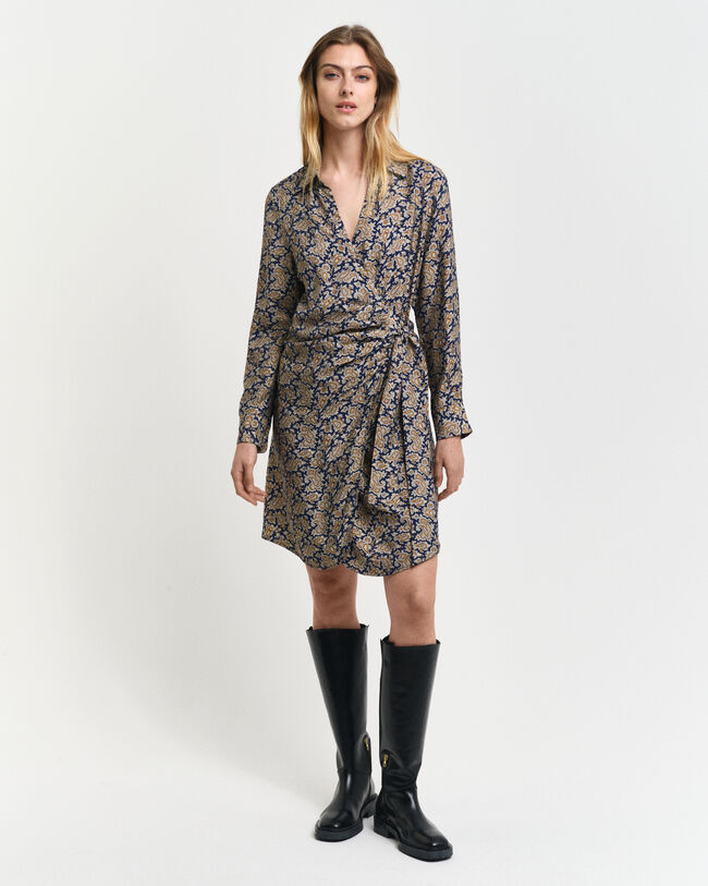 Vestido camisero cruzado con estampado de cachemir