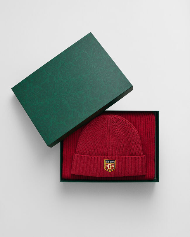 Set de regalo de gorro y bufanda de lana con insignia