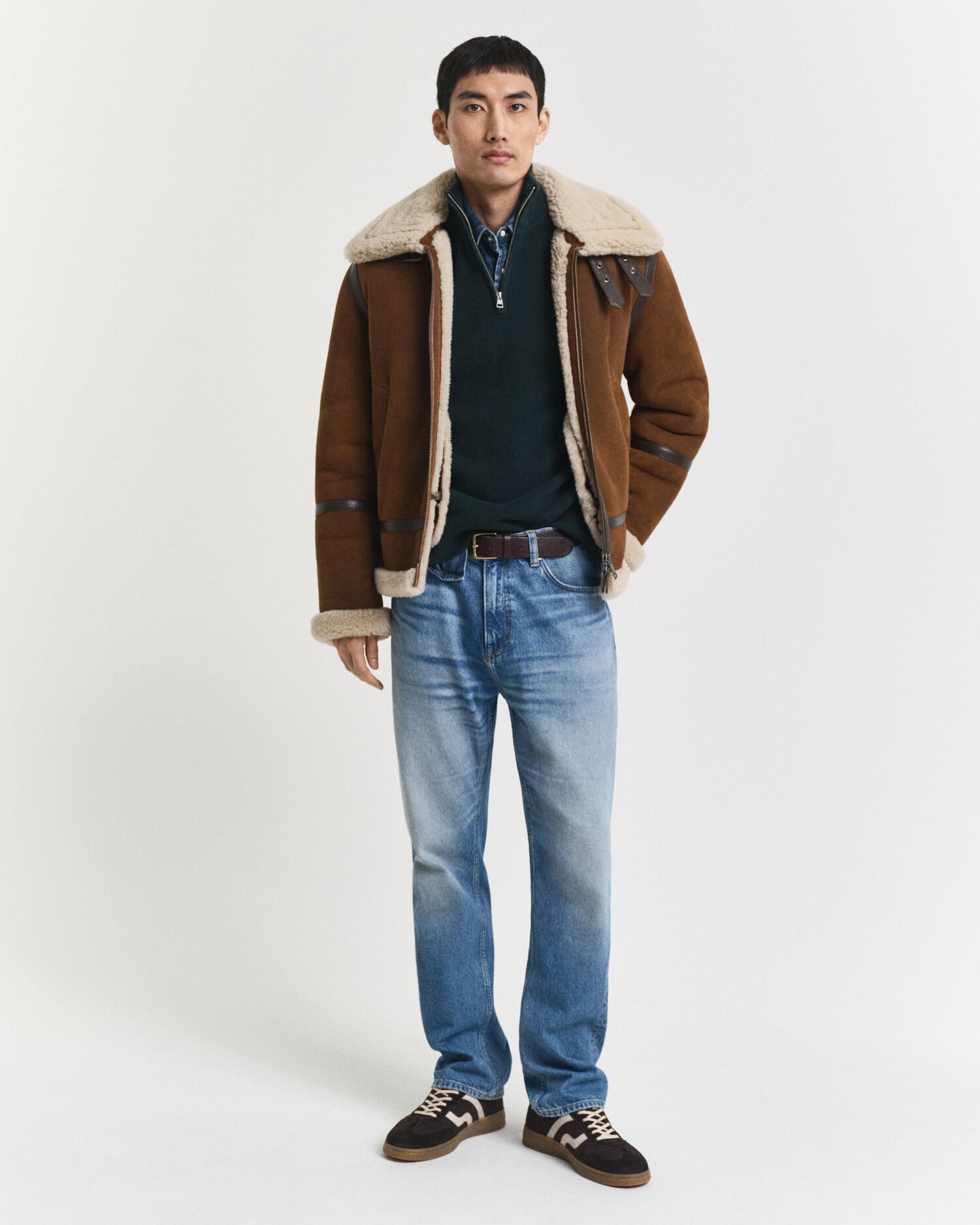 Jersey acanalado de algodón y lana merino con media cremallera