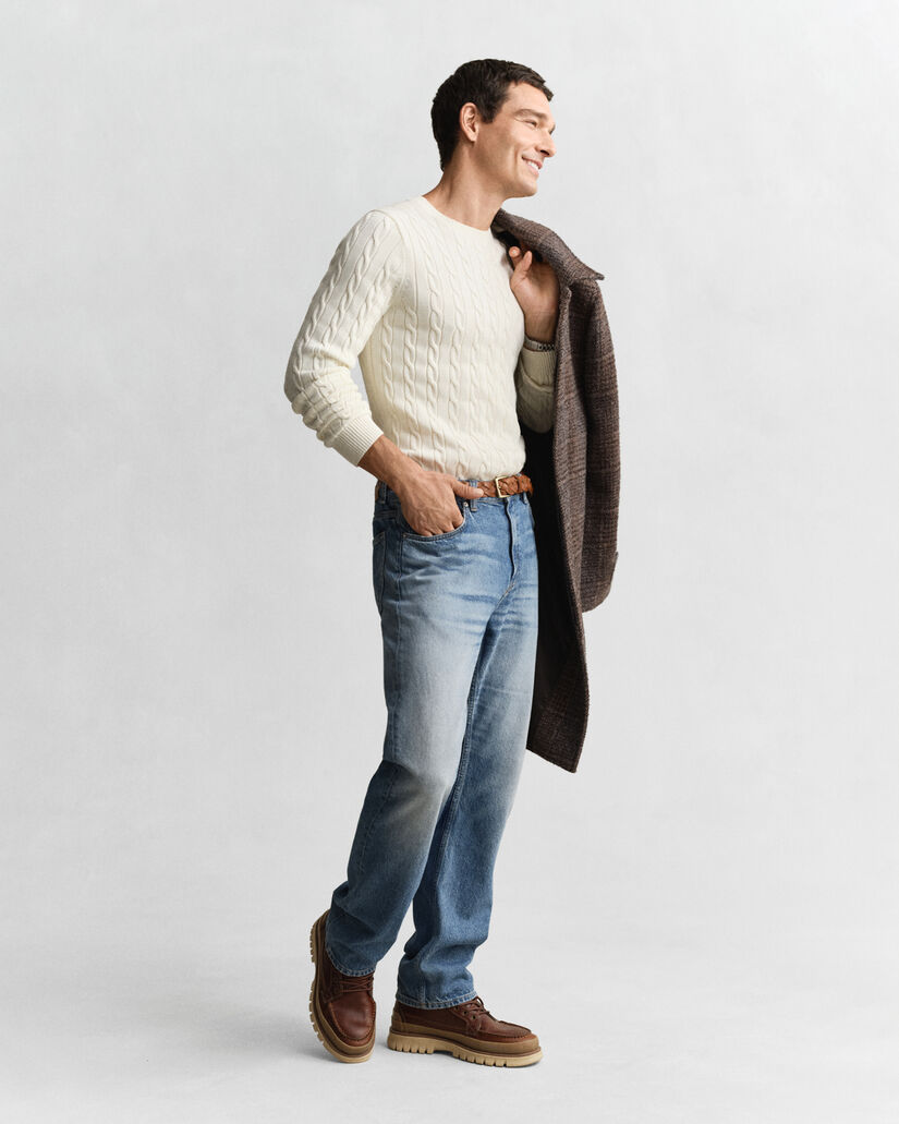 Jersey de cuello redondo y punto de ochos en algodón