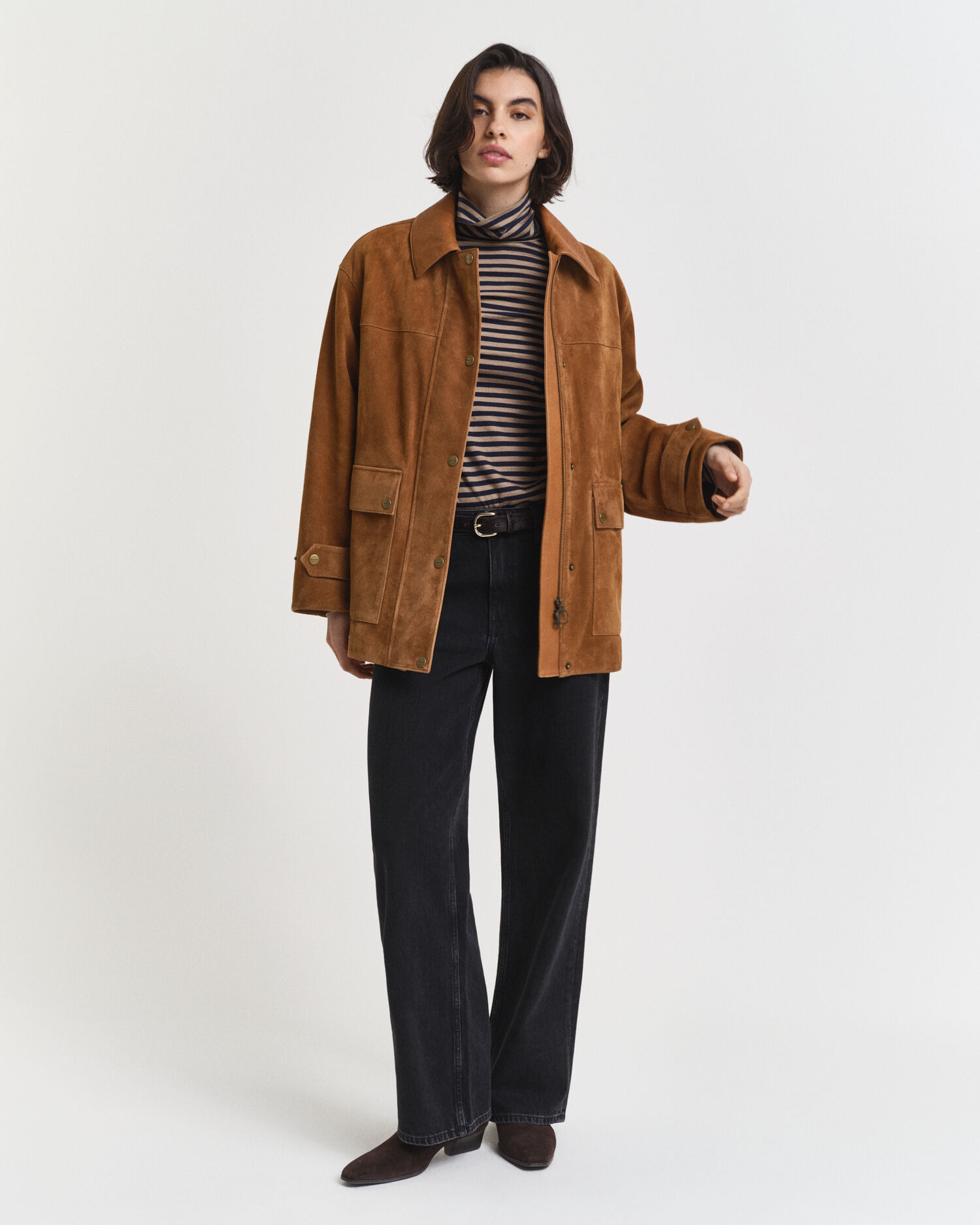 Top ligero de algodón a rayas con cuello de cisne