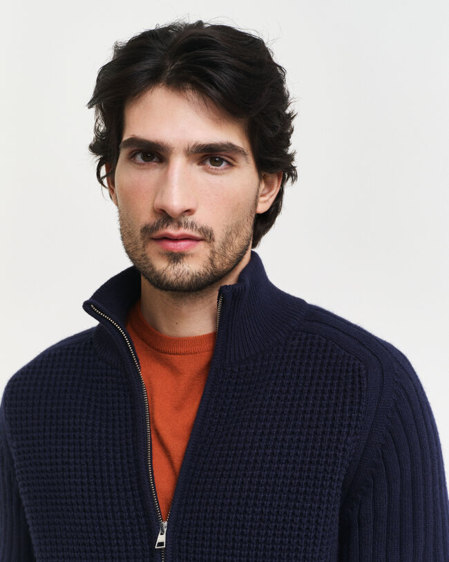 Cárdigan en mezcla de lana con cremallera y textura