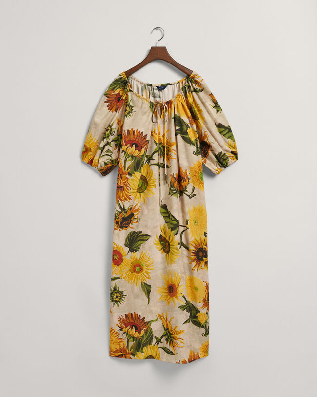 Vestido fruncido con estampado de girasoles