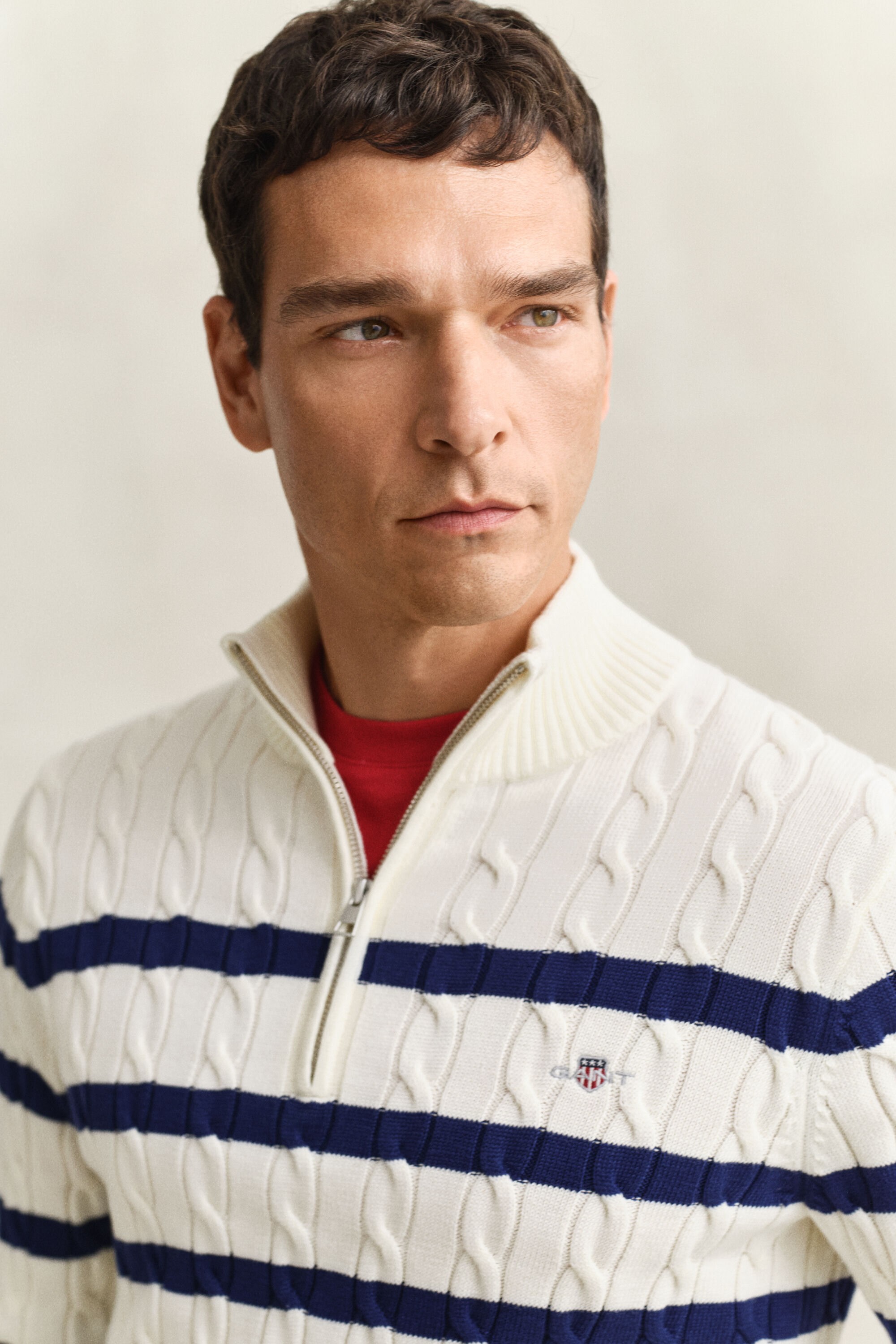 Jersey de punto de ochos en algodón de rayas con media cremallera