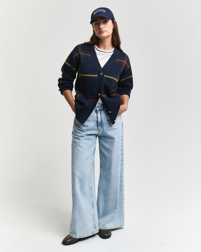 Cárdigan con cuello de pico y cuadros