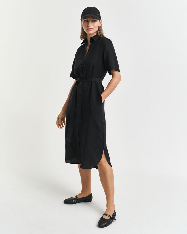 Vestido camisero de manga corta de lino