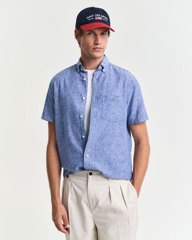 Camisa Regular Fit de manga corta en algodón y lino