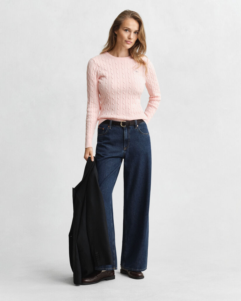 Jersey de cuello redondo y punto de ochos en algodón elástico