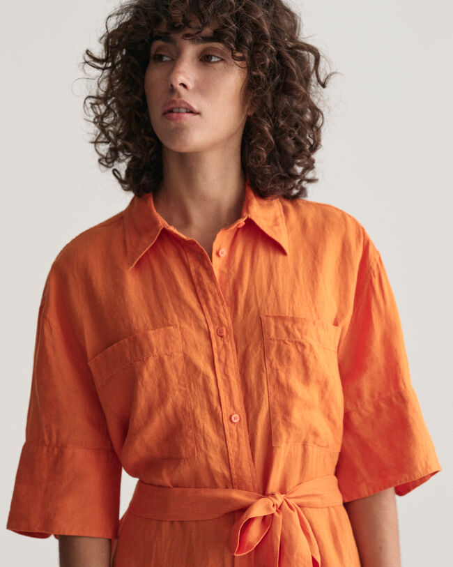 Vestido camisero de manga corta de lino