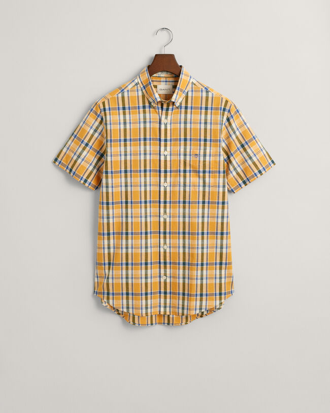 Camisa Regular Fit de manga corta en algodón y lino a cuadros