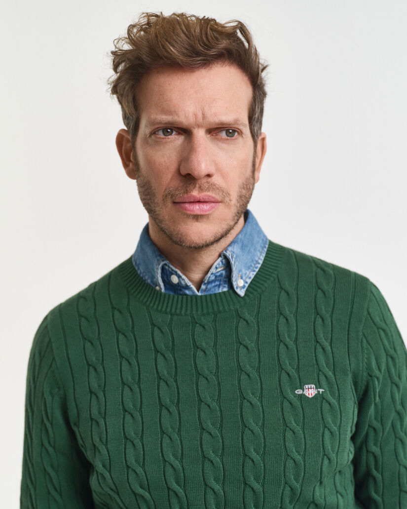 Jersey de cuello redondo y punto de ochos en algodón