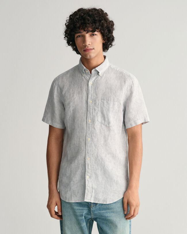 Camisa Regular Fit de manga corta y lino a rayas