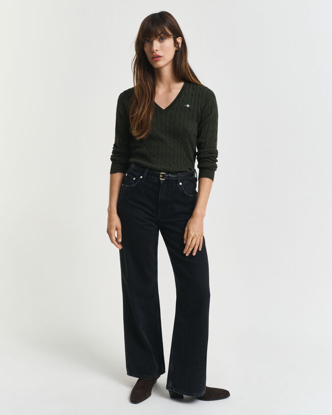 Jersey de punto de ochos con cuello de pico en algodón elástico