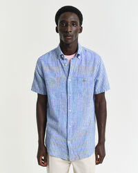 Camisa Regular Fit de manga corta a rayas en algodón y lino