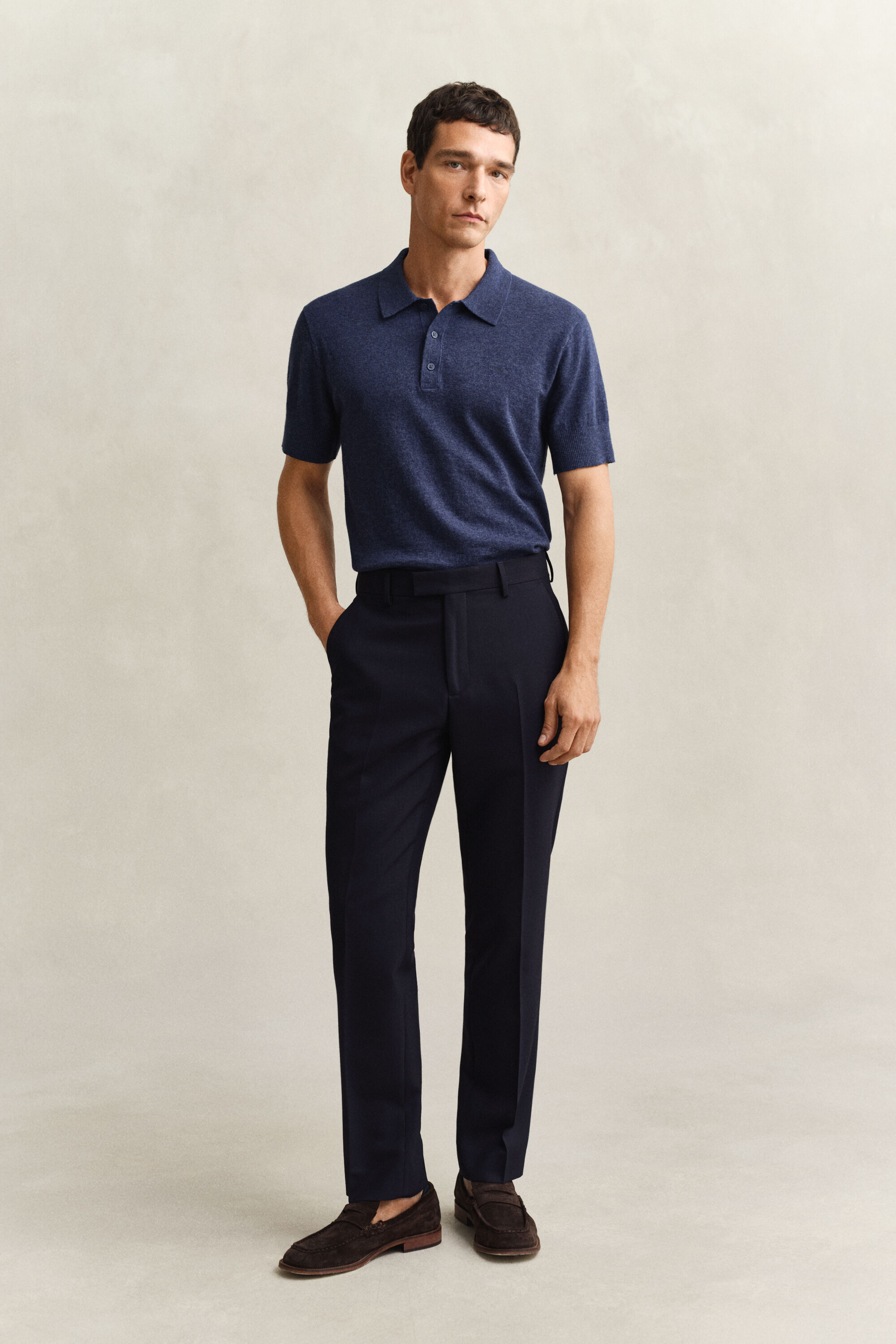 Jersey tipo polo de manga corta en mezcla de algodón flameado