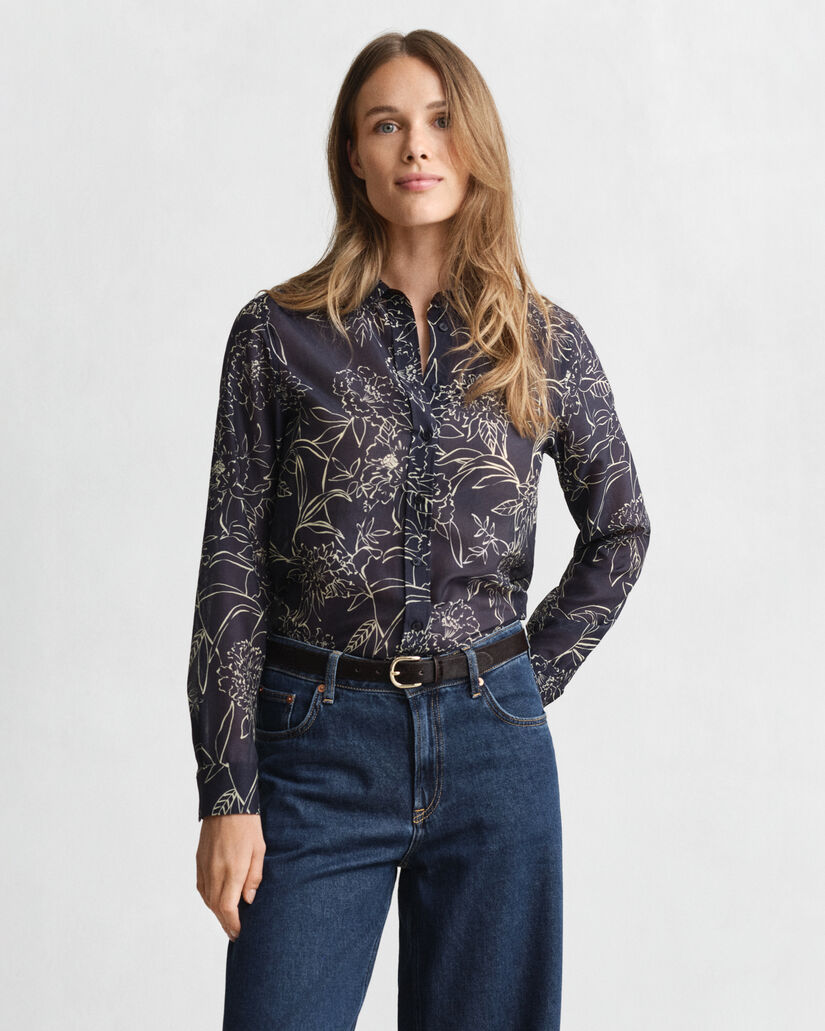 Camisa Regular Fit de seda y algodón con estampado de flores