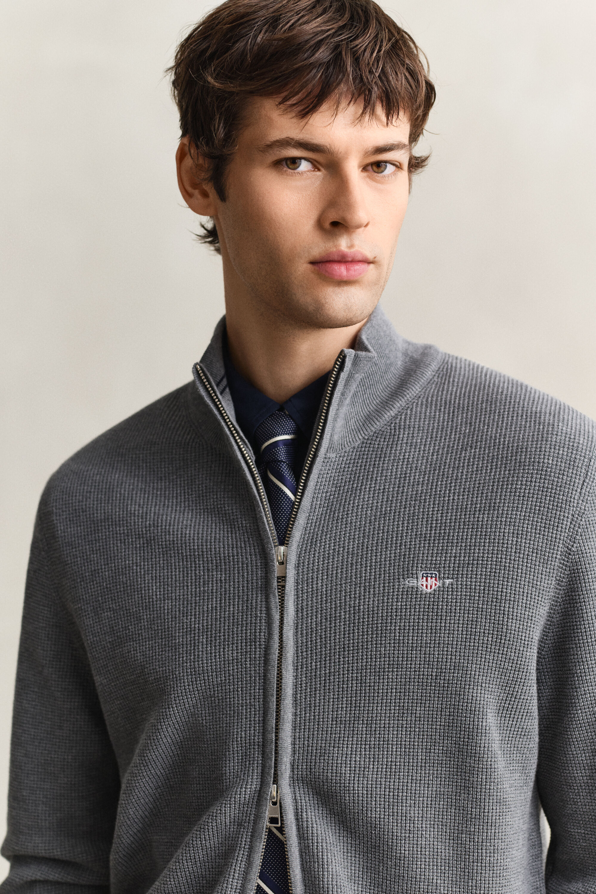 Cárdigan de algodón con cremallera y textura