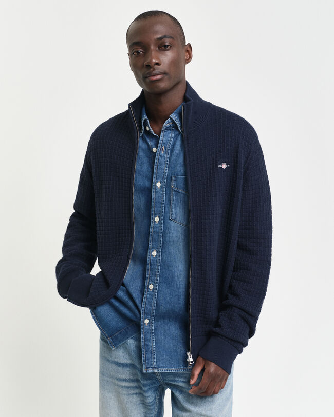 C&aacute;rdigan de algod&oacute;n con cremallera y textura