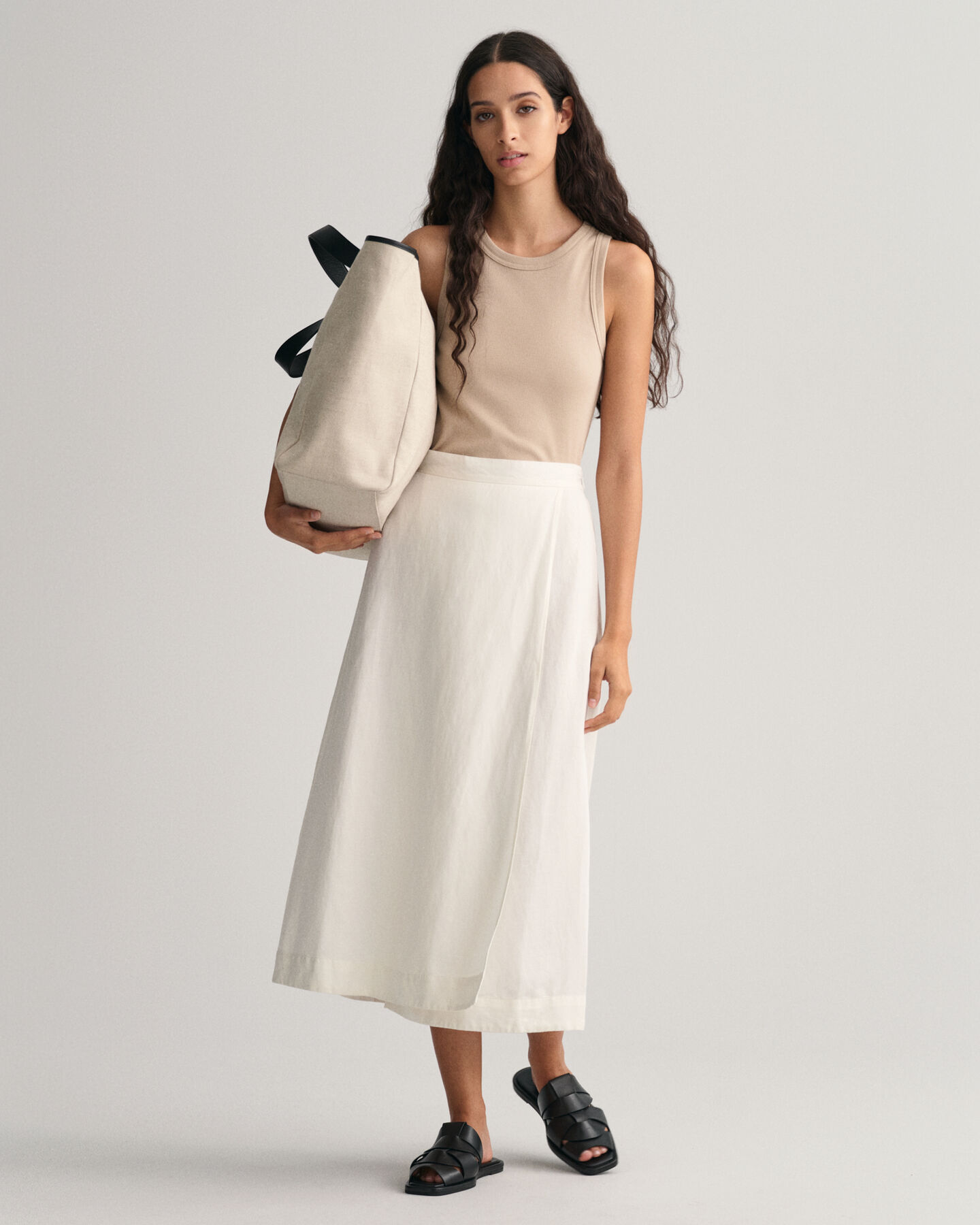 Falda midi de viscosa y lino