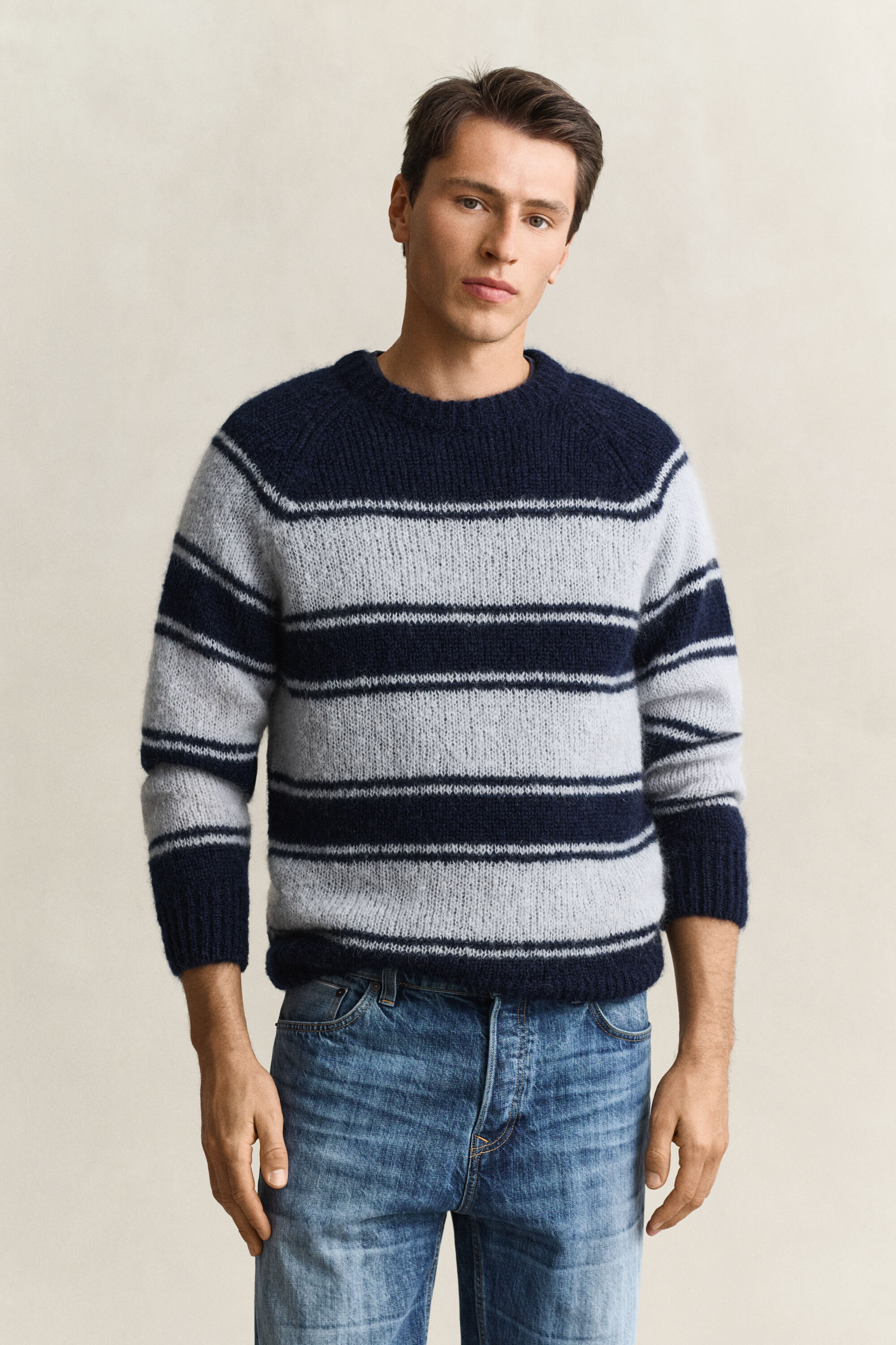 Jersey de cuello redondo en mezcla de mohair a rayas