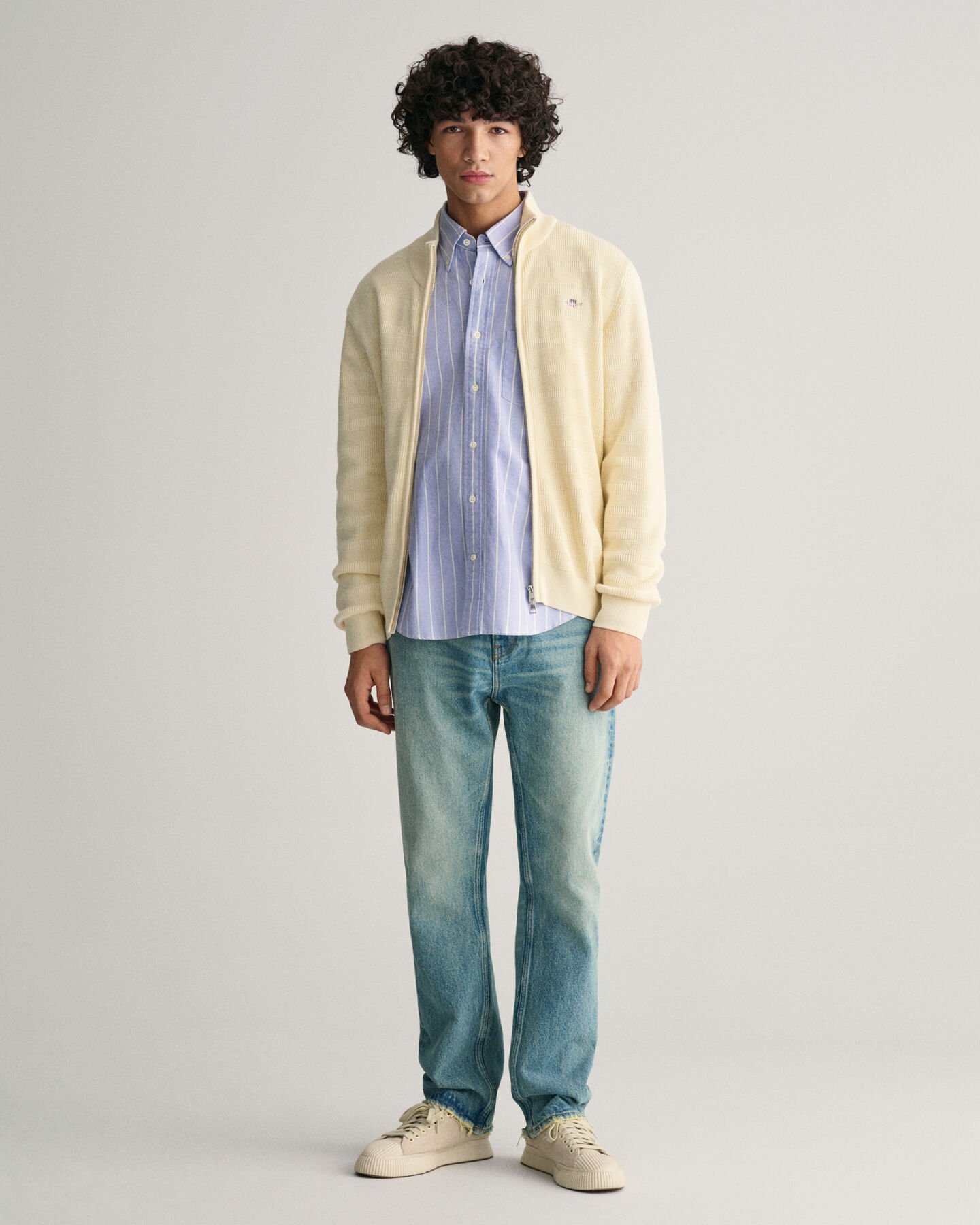 C&aacute;rdigan de algod&oacute;n a rayas con cremallera y textura