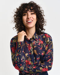 Camisa Relaxed Fit de seda y algod&oacute;n con estampado de rosas