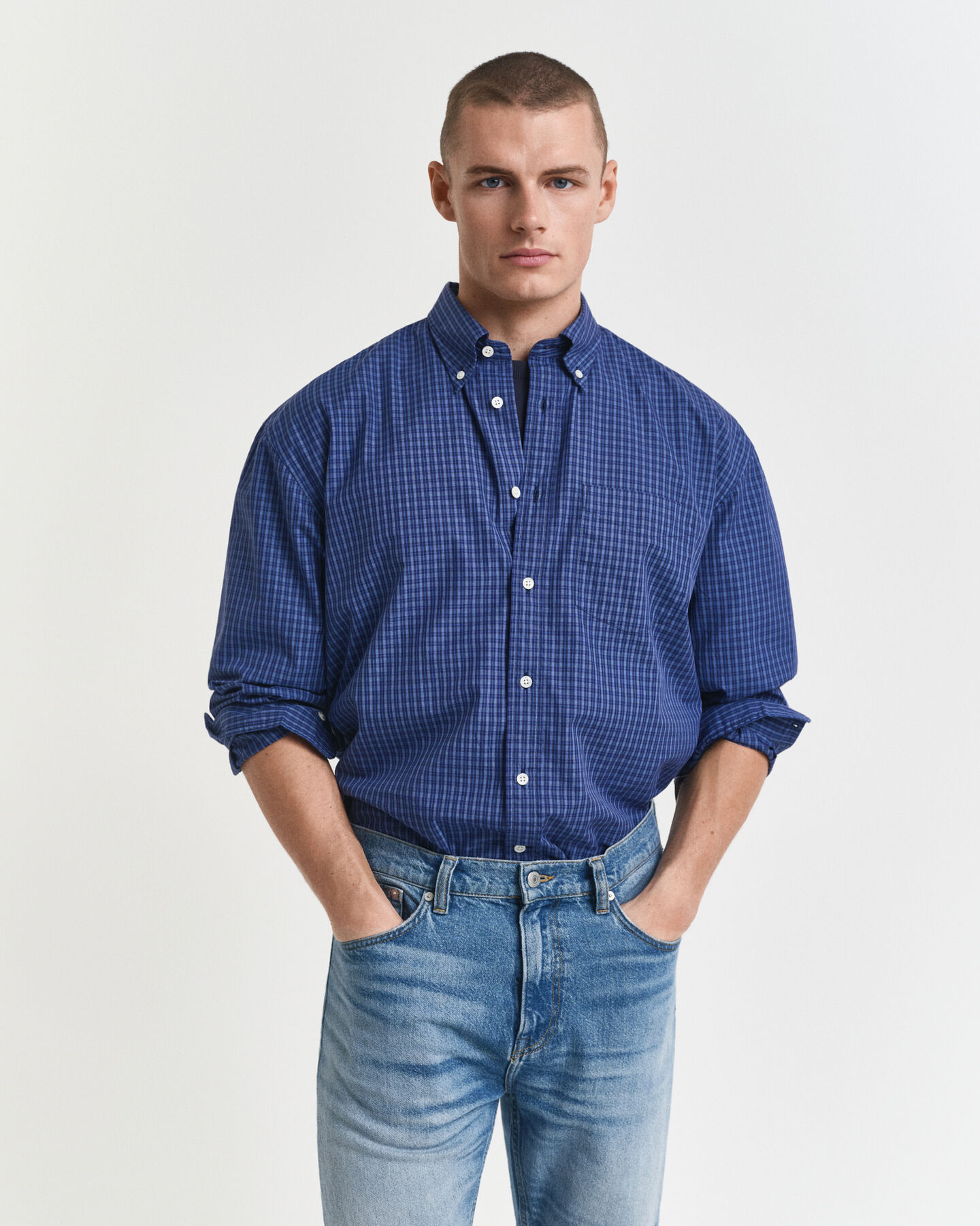 Camisa extragrande de popelina con microestampado de cuadros