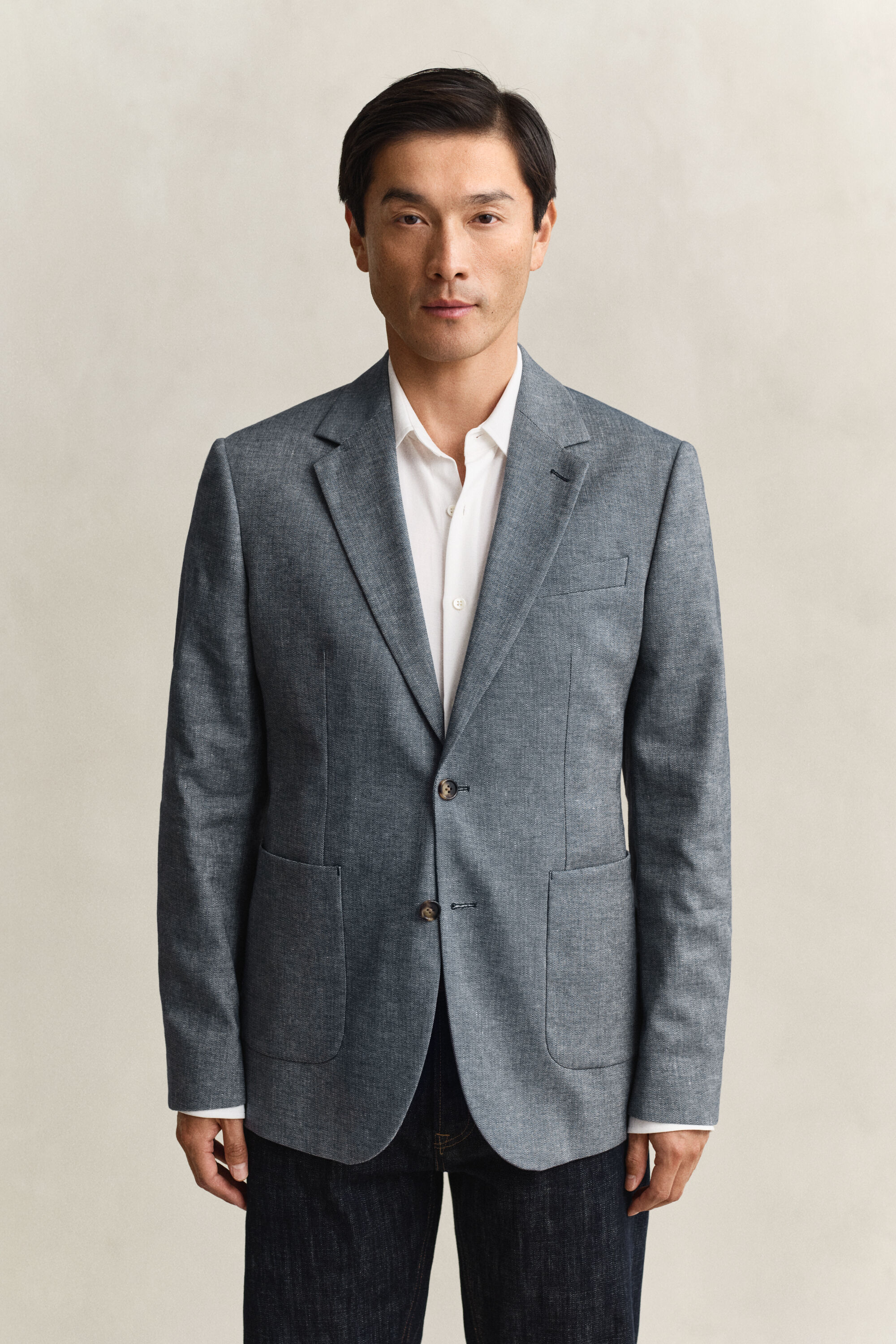 Chaqueta de traje añil con diseño de espiga