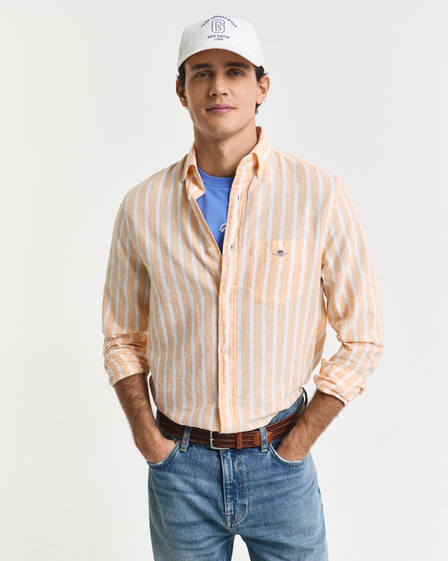 Camisa Regular Fit de lino y algodón a rayas