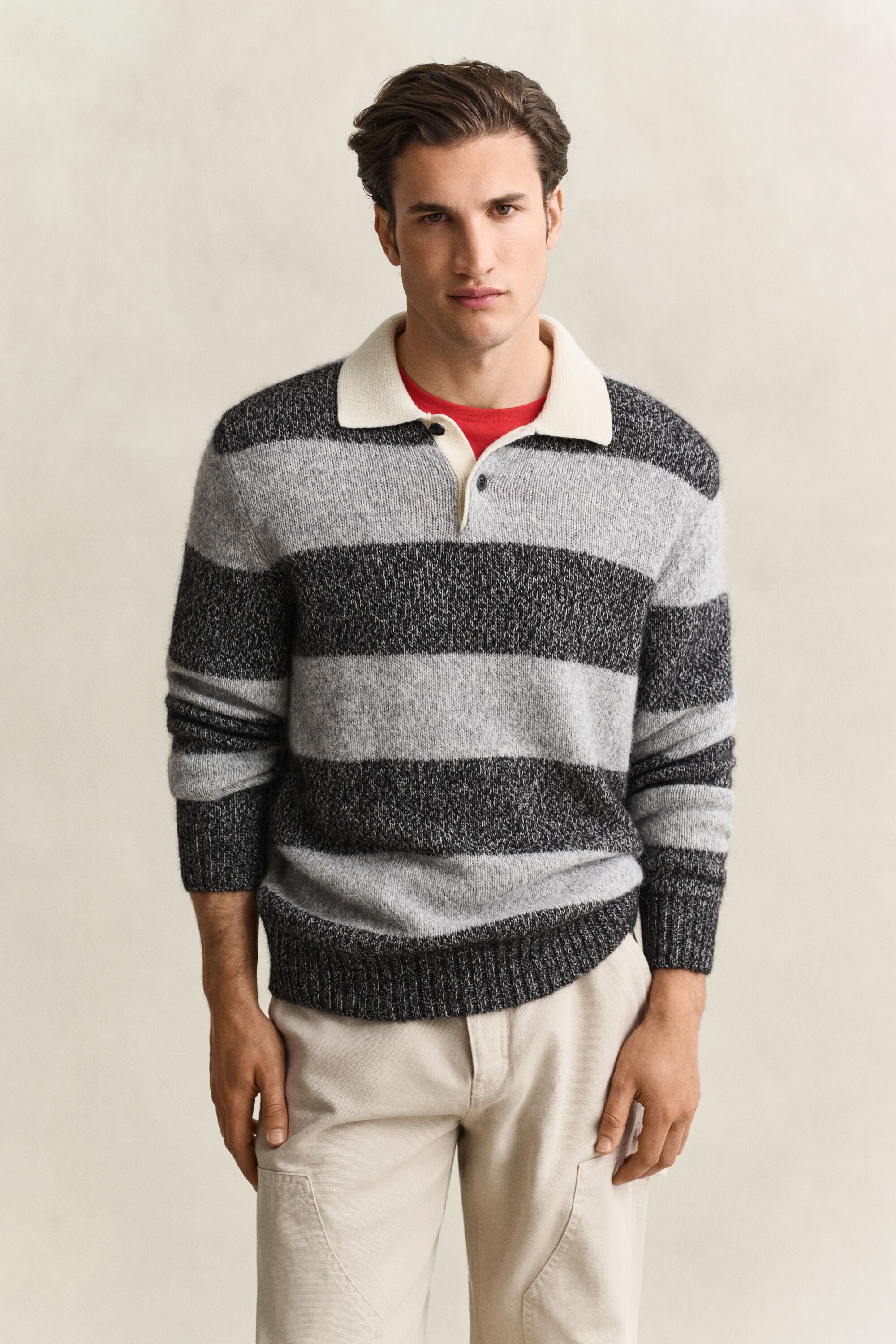 Jersey tipo polo en mezcla de lana de alpaca de rayas