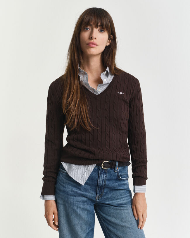 Jersey de punto de ochos con cuello de pico en algodón elástico