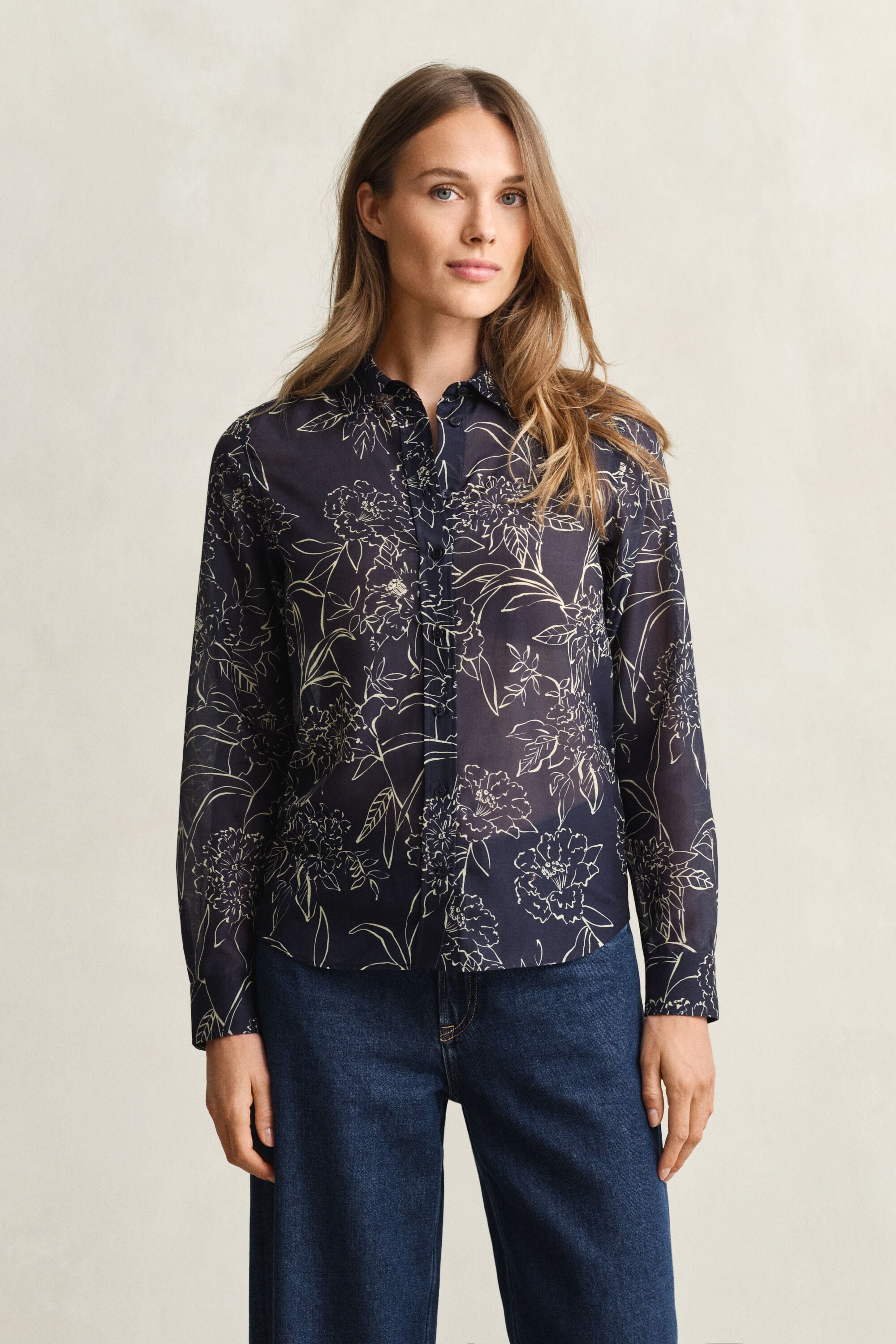 Camisa Regular Fit de seda y algodón con estampado de flores