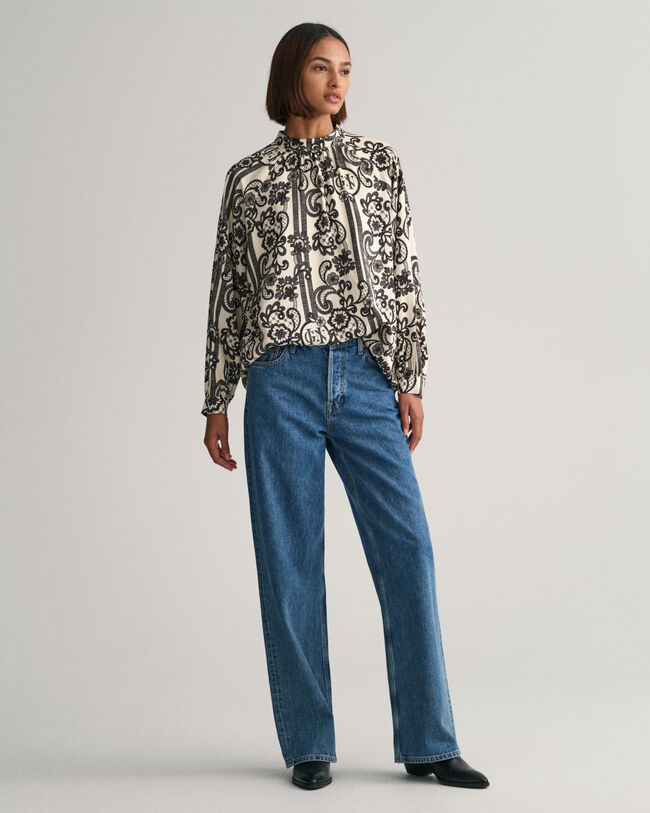 Blusa de cuello de cisne con estampado de encaje