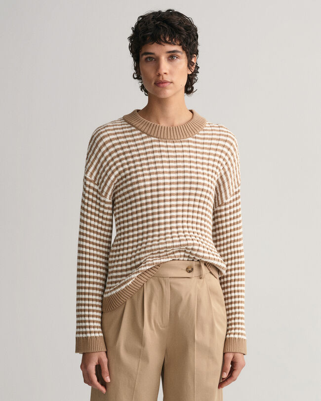 Jersey acanalado de algod&oacute;n a rayas con cuello redondo