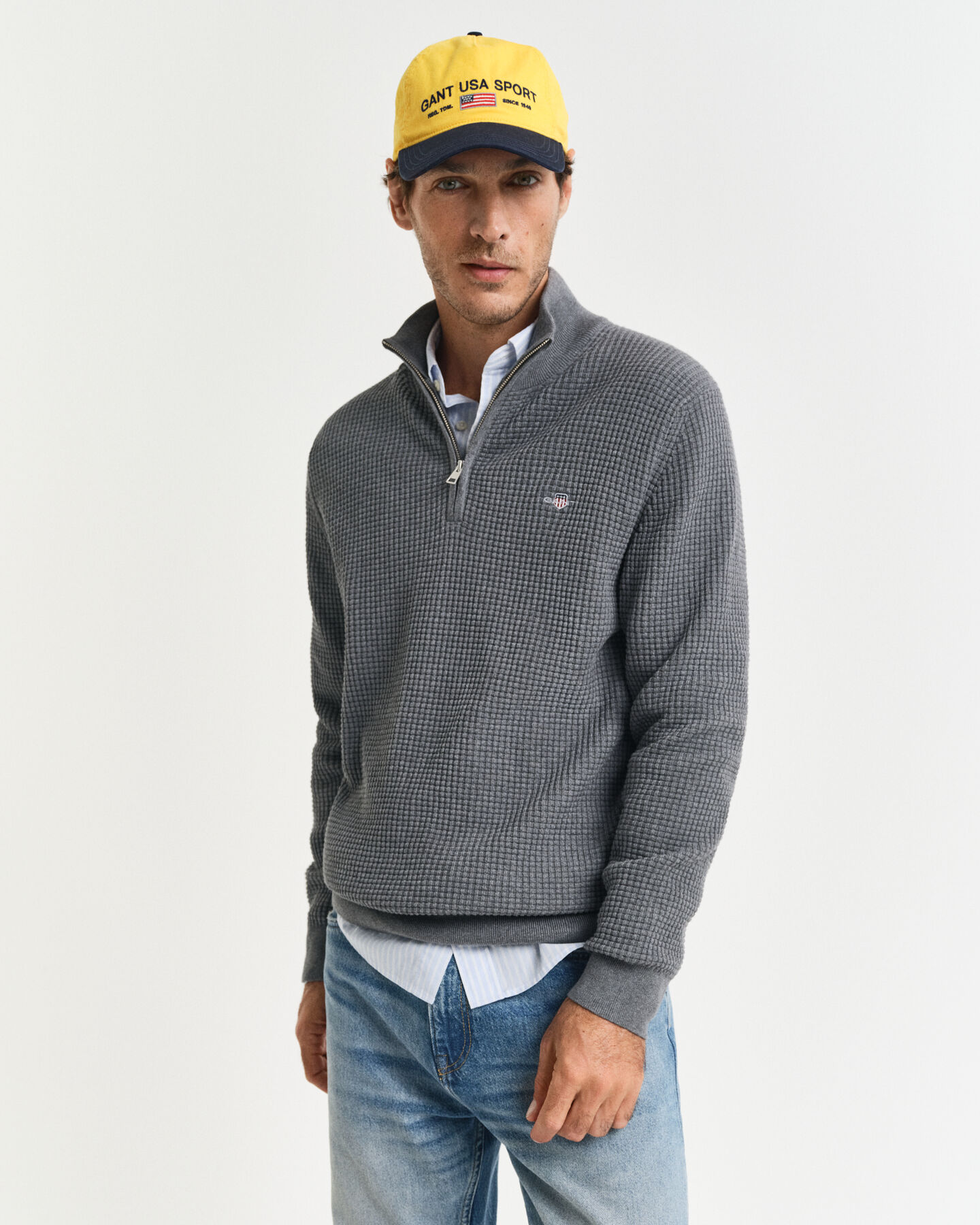 Jersey de algodón con media cremallera y textura