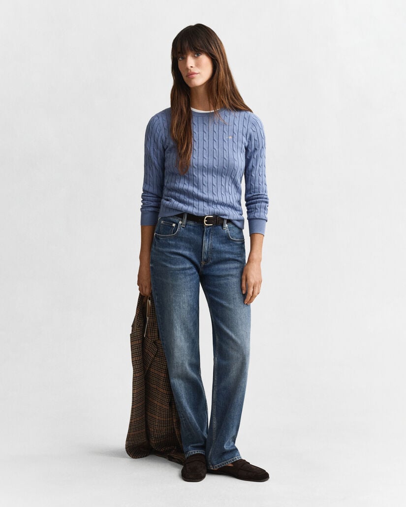 Jersey de cuello redondo y punto de ochos en algodón elástico